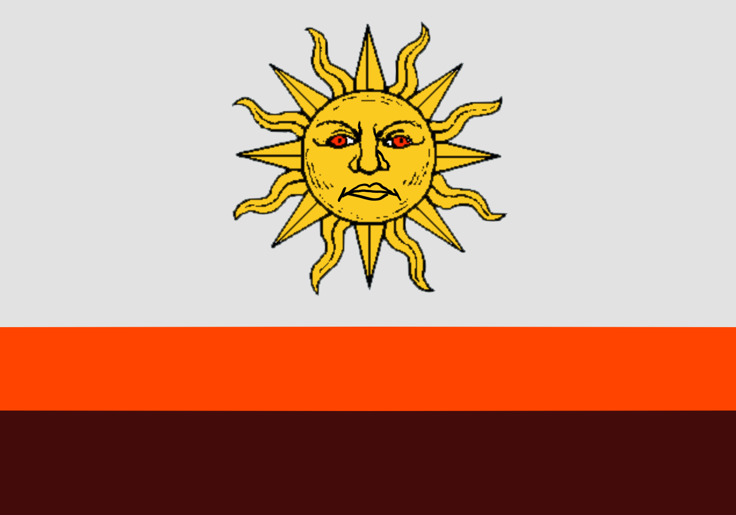 A flag with three horizontal stripes: off-white, orange and burgundy. In the top stripe, which is wider, there is a yellow angry sun with orange eyes.